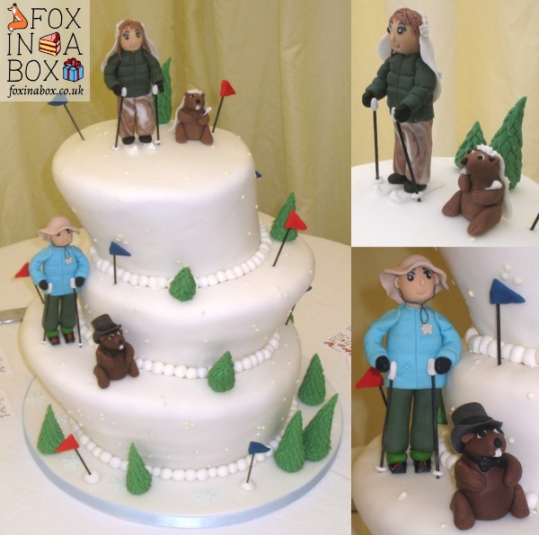 Novelty wedding cake with skiers and marmots
